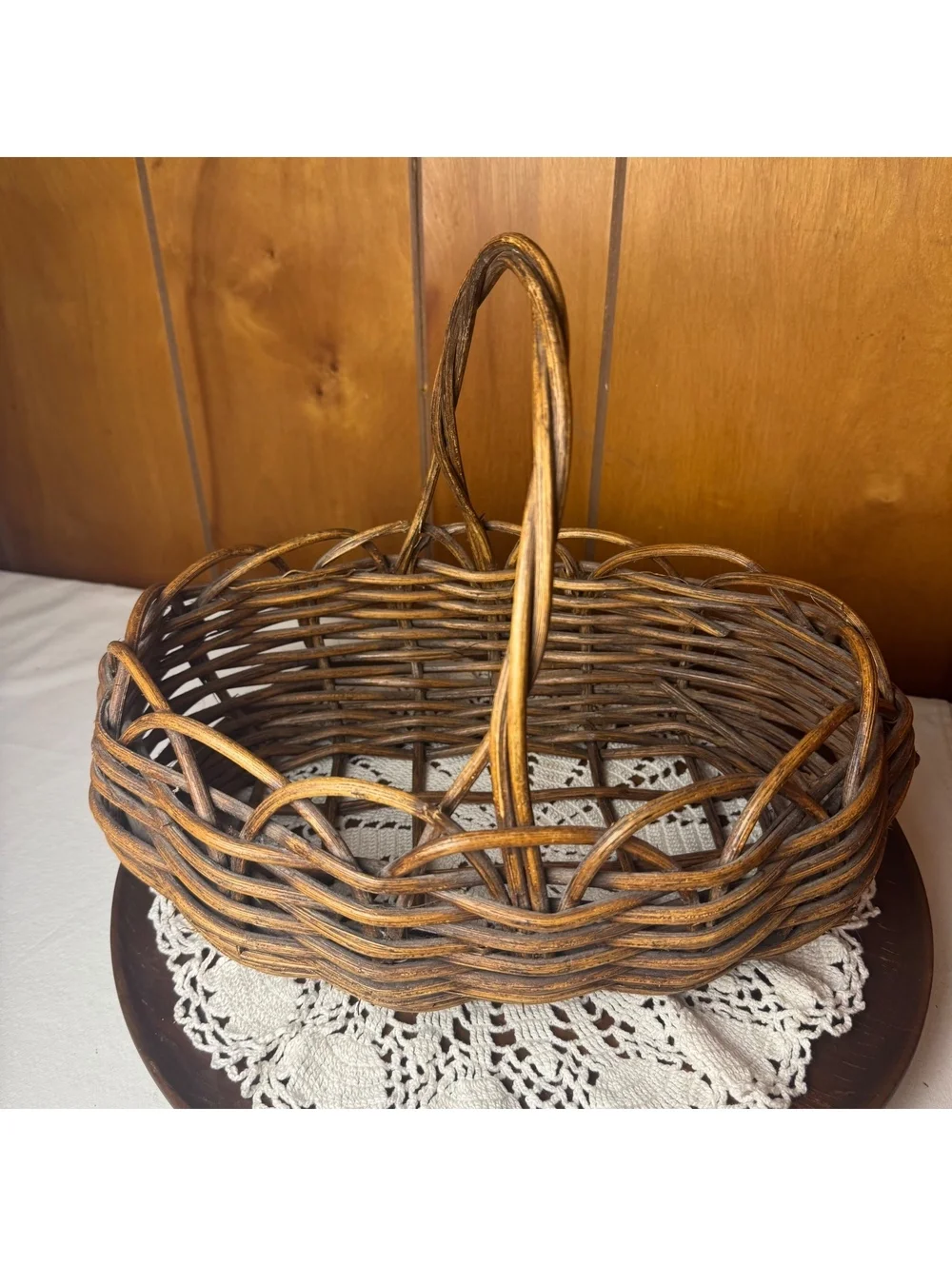 Rustic Woven Rattan Basket With Handle Vintage Farmhouse Gathering Basket